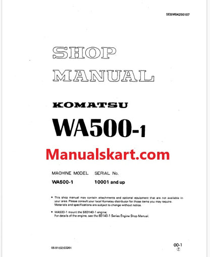Komatsu WA500-1 Wheel Loader Pdf Repair Service Manual Sn 10001 and UP