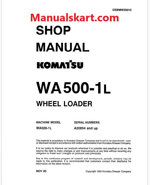 Komatsu WA500-1L Wheel Loader Pdf Repair Service Manual Sn A20854 and UP