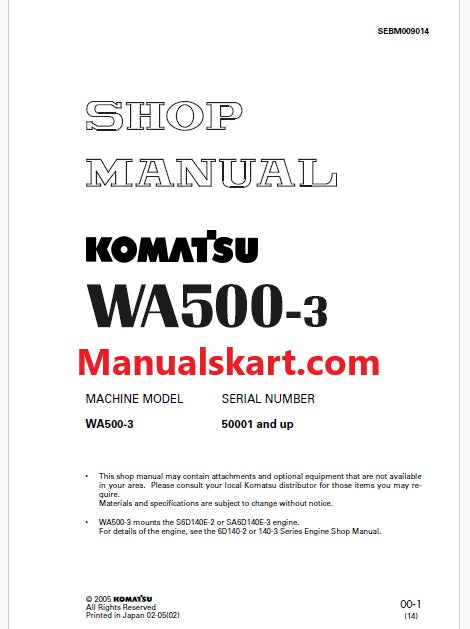 Komatsu WA500-3 Wheel Loader Pdf Repair Service Manual Sn 50001 and UP