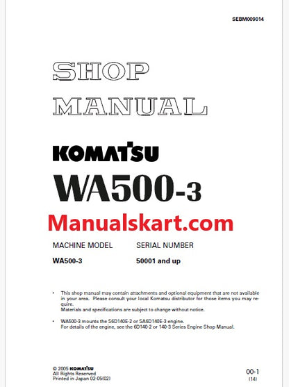 Komatsu WA500-3 Wheel Loader Pdf Repair Service Manual Sn 50001 and UP