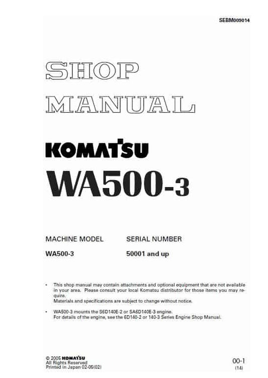 Komatsu WA500-3 Wheel Loader Pdf Shop Repair Service Manual Sn 50001 And UP