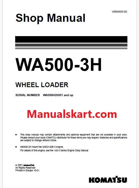 Komatsu WA500-3H Wheel Loader Pdf Repair Service Manual Sn WA500H20051 and UP