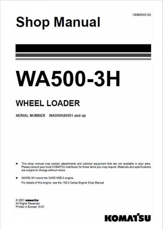 Komatsu WA500-3H Wheel Loader Pdf Shop Repair Service Manual Sn WA500H20051 And UP