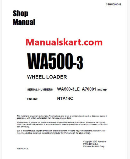 Komatsu WA500-3LE Wheel Loader Pdf Repair Service Manual Sn A70001 and UP