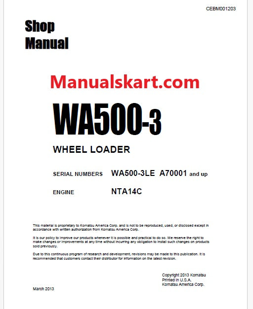 Komatsu WA500-3LE Wheel Loader Pdf Repair Service Manual Sn A70001 and UP