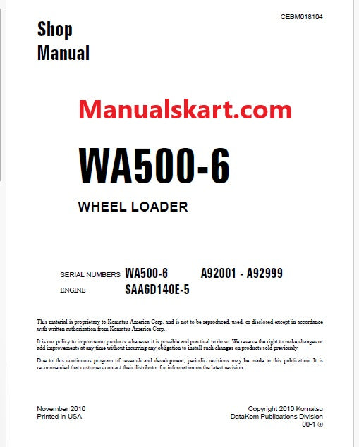 Komatsu WA500-6 Wheel Loader Pdf Repair Service Manual Sn A92001 - A92999