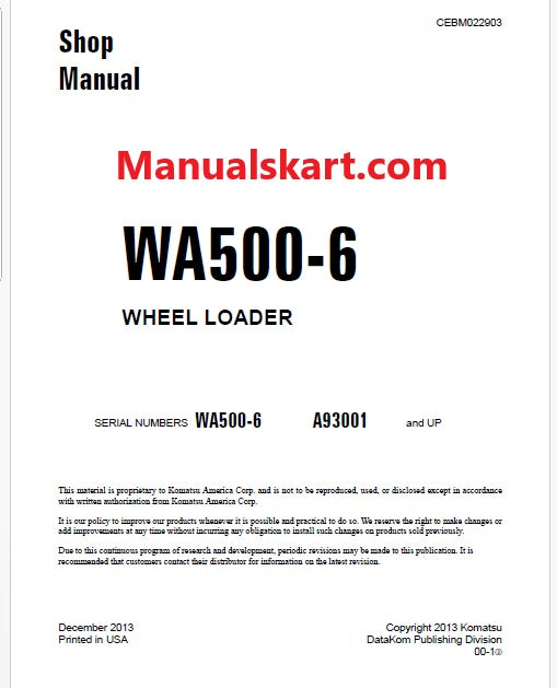 Komatsu WA500-6 Wheel Loader Pdf Repair Service Manual Sn A93001 and UP