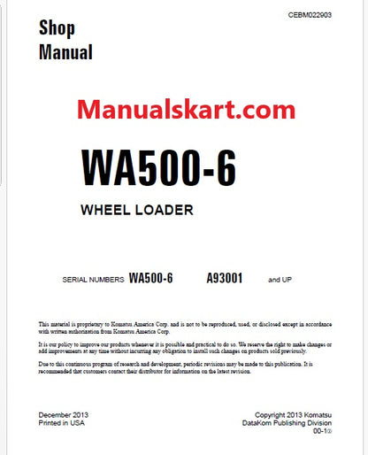Komatsu WA500-6 Wheel Loader Pdf Repair Service Manual Sn A93001 and UP
