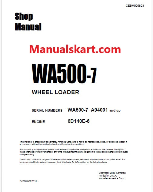 Komatsu WA500-7 Wheel Loader Pdf Repair Service Manual Sn A94001 and UP
