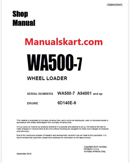 Komatsu WA500-7 Wheel Loader Pdf Repair Service Manual Sn A94001 and UP