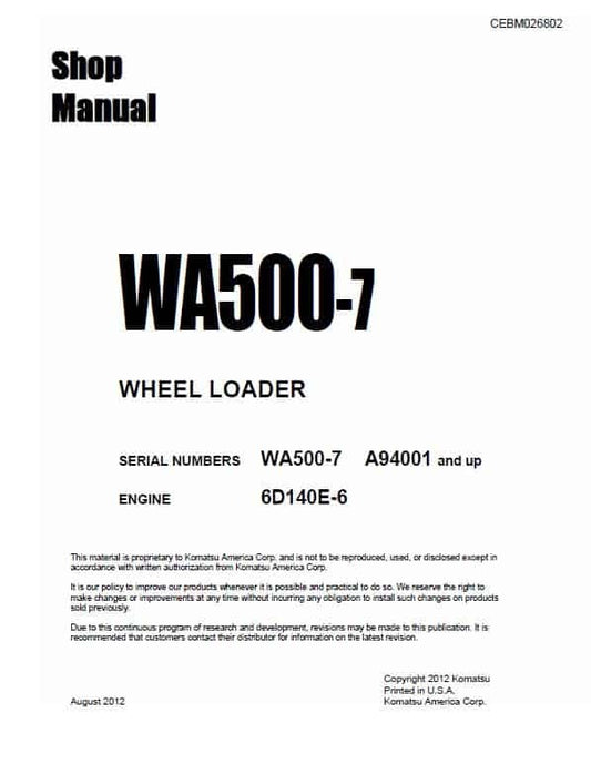 Komatsu WA500-7 Wheel Loader Pdf Shop Repair Service Manual Sn A94001 And UP