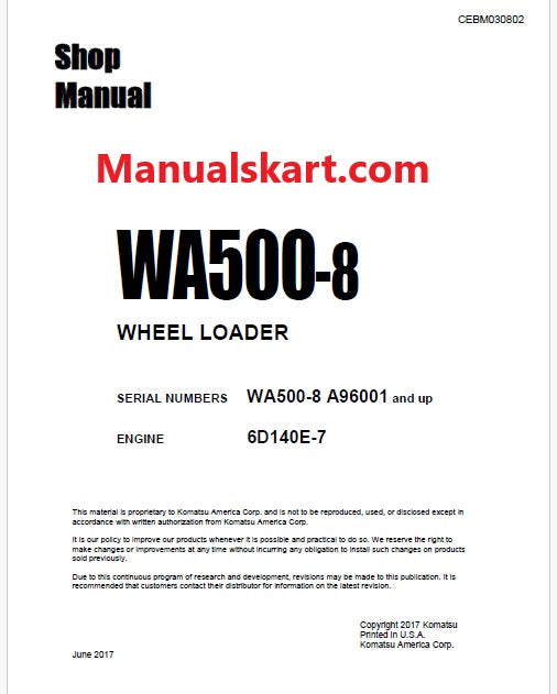 Komatsu WA500-8 Wheel Loader Pdf Repair Service Manual Sn A96001 and UP
