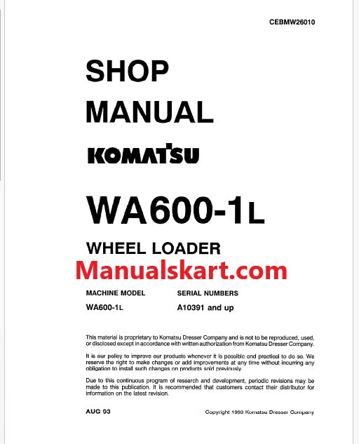 Komatsu WA600-1 L Wheel Loader Pdf Repair Service Manual Sn A10391 and UP
