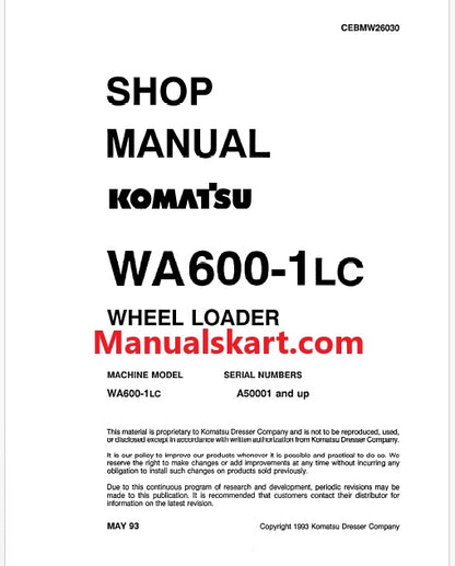 Komatsu WA600-1 LC Wheel Loader Pdf Repair Service Manual Sn A50001 and UP