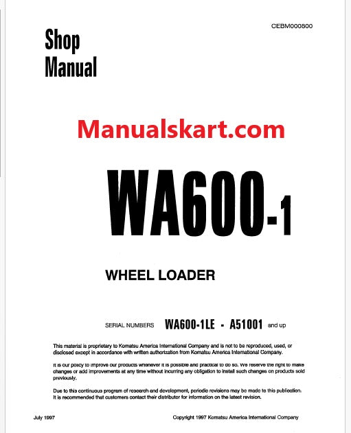 Komatsu WA600-1 LE Wheel Loader Pdf Repair Service Manual Sn A51001 and UP
