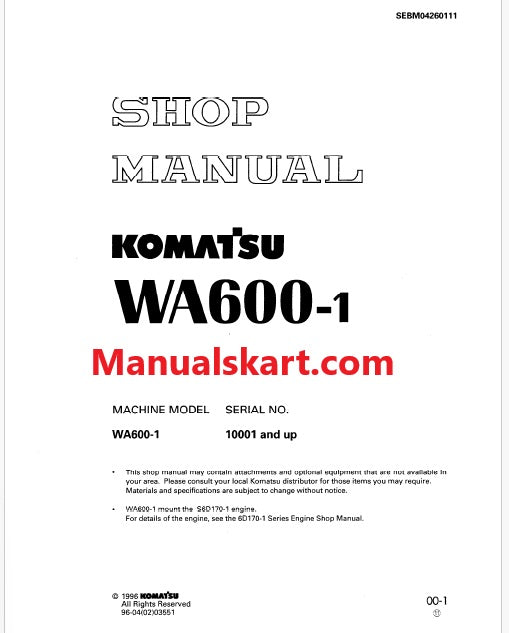 Komatsu WA600-1 Wheel Loader Pdf Repair Service Manual Sn 10001 and UP