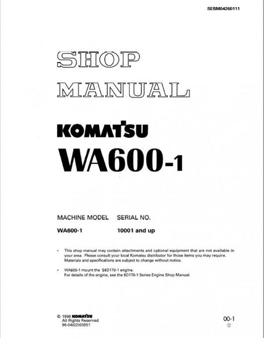 Komatsu WA600-1 Wheel Loader Pdf Shop Repair Service Manual