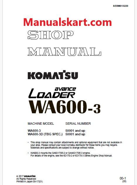 Komatsu WA600-3 Avance Wheel Loader Pdf Repair Service Manual Sn 50001 and UP