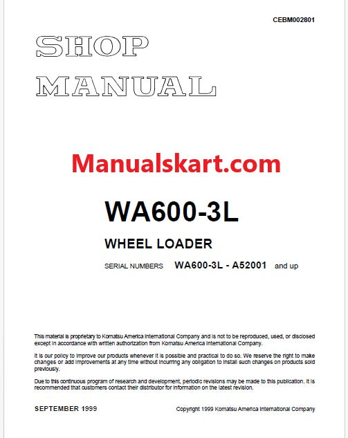 Komatsu WA600-3 L Wheel Loader Pdf Repair Service Manual Sn A52001 and UP