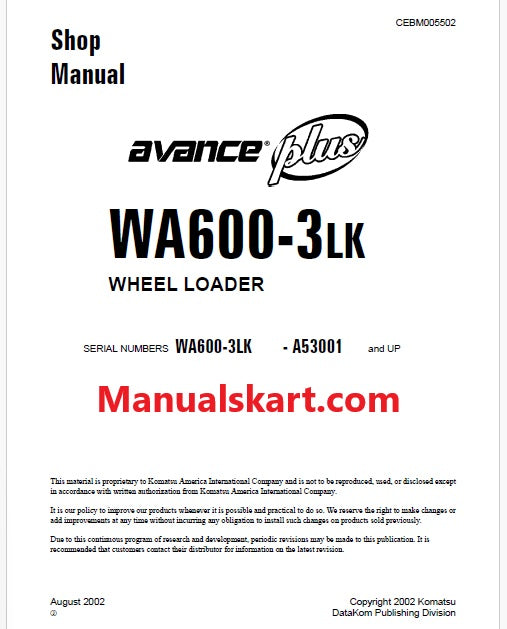 Komatsu WA600-3 LK Wheel Loader Pdf Repair Service Manual Sn A53001 and UP