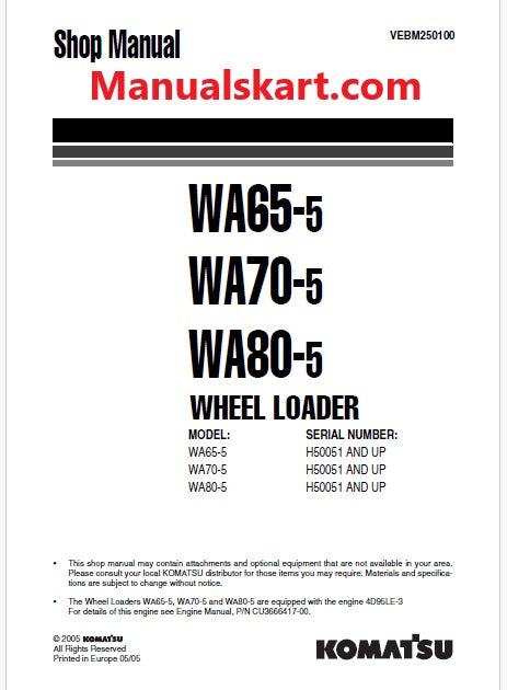 Komatsu WA65-5, WA70-5, WA80-5 Wheel Loader Pdf Repair Service Manual Sn H50051 and UP