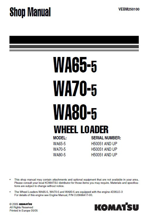 Komatsu WA65-5, WA70-5, WA80-5 Wheel Loader Pdf Shop Repair Service Manual Sn H50051 And UP