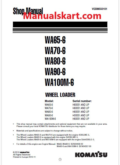 Komatsu WA65-6, WA70-6, WA80-6, WA90-6, WA100M-6 Wheel Loader Pdf Repair Service Manual Sn H60051 and UP