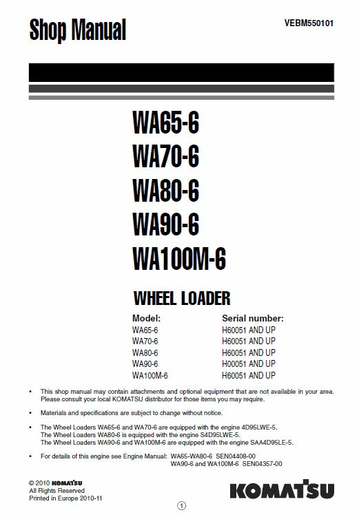 Komatsu WA65-6, WA70-6, WA80-6, WA90-6, WA100M-6 Wheel Loader Pdf Shop Repair Service Manual