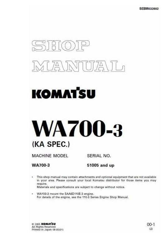 Komatsu WA700-3 Wheel Loader (ka Spec.) Pdf Shop Repair Service Manual Sn 51005 And UP