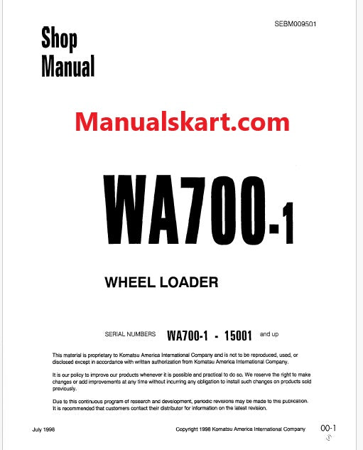Komatsu WA700-3 Wheel Loader Pdf Repair Service Manual Sn 15001 and UP
