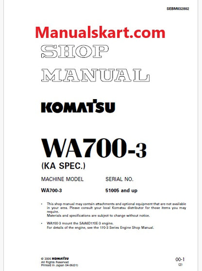 Komatsu WA700-3 Wheel Loader Pdf Repair Service Manual Sn 51005 and UP