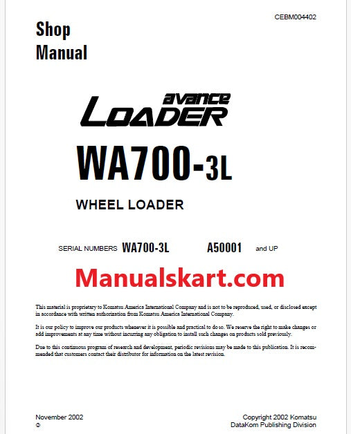 Komatsu WA700-3L Avance Wheel Loader Pdf Repair Service Manual Sn A50001 and UP