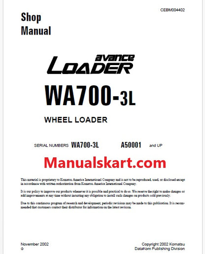 Komatsu WA700-3L Avance Wheel Loader Pdf Repair Service Manual Sn A50001 and UP