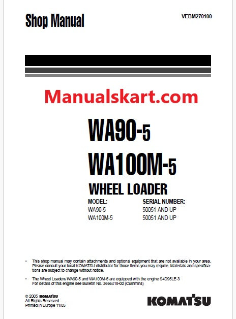 Komatsu WA90-5, WA100M-5 Wheel Loader Pdf Repair Service Manual Sn 50051 and UP