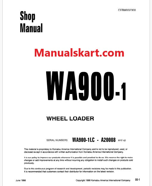 Komatsu WA900-1, WA900-1LC Wheel Loader Pdf Repair Service Manual Sn A20008 and UP