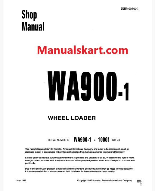 Komatsu WA900-1 Wheel Loader Pdf Repair Service Manual Sn 10001 and UP