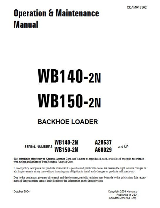 Komatsu WB140-2N Backhoe Loader Pdf Operation and Maintenance Manual