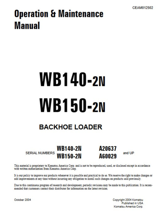 Komatsu WB140-2N Backhoe Loader Pdf Operation and Maintenance Manual