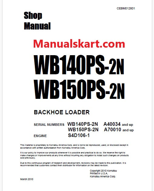 Komatsu WB140PS-2N Backhoe Loader Pdf Repair Service Manual Sn A40034 and UP