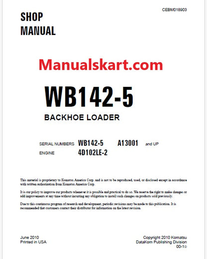 Komatsu WB142-5 Backhoe Loader Pdf Repair Service Manual Sn A13001 and UP