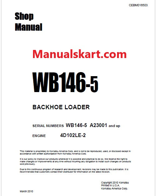 Komatsu WB146-5 Backhoe Loader Pdf Repair Service Manual Sn A23001 and UP