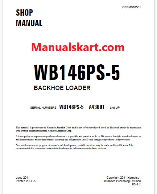 Komatsu WB146PS-5 Backhoe Loader Pdf Repair Service Manual Sn A43001 and UP