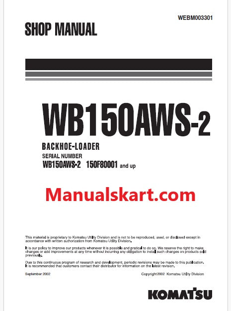 Komatsu WB150AWS-2 Backhoe Loader Pdf Repair Service Manual Sn 150F80001 and UP