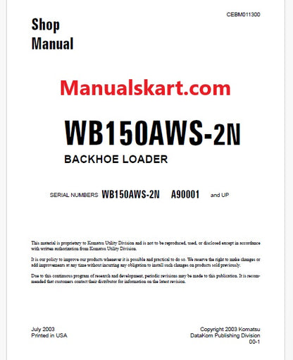 Komatsu WB150AWS-2N Backhoe Loader Pdf Repair Service Manual Sn A90001 and UP