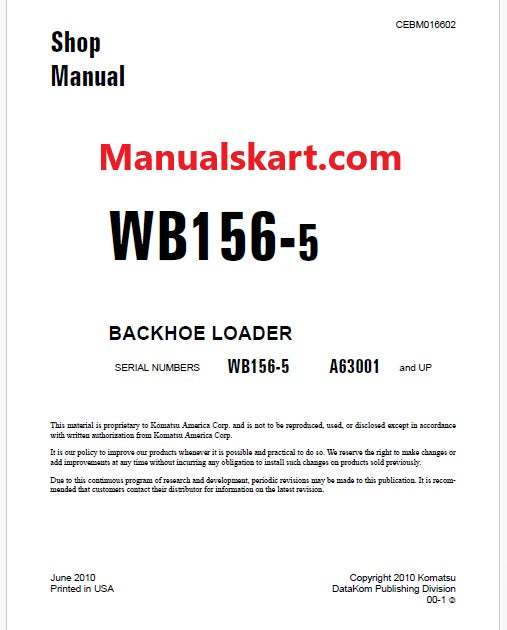 Komatsu WB156-5 Backhoe Loader Pdf Repair Service Manual Sn A63001 and UP