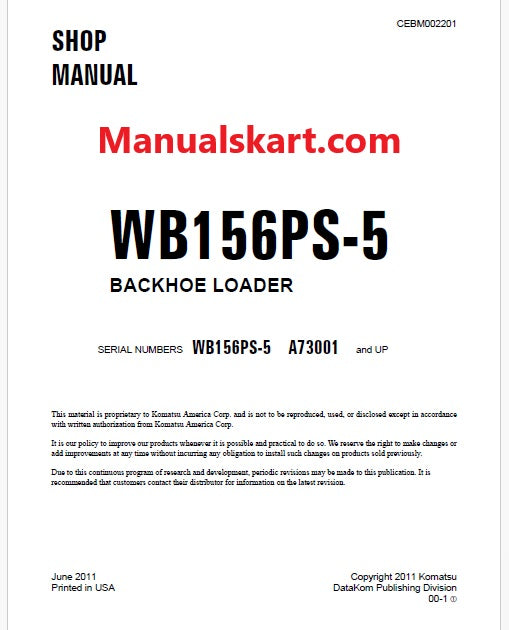 Komatsu WB156PS-5 Backhoe Loader Pdf Repair Service Manual Sn A73001 and UP