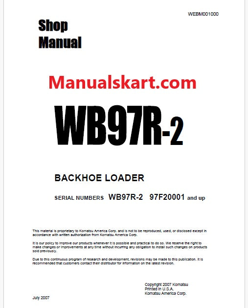 Komatsu WB97R-2 Backhoe Loader Pdf Repair Service Manual Sn 97F20001 and UP