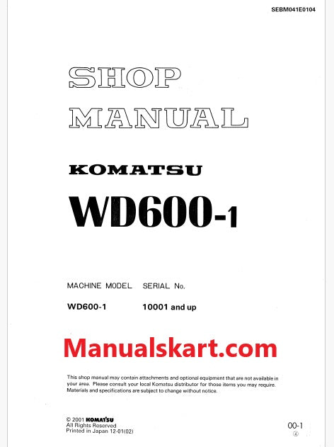 Komatsu WD600-1 Wheel Dozer Pdf Repair Service Manual Sn 10001 and UP