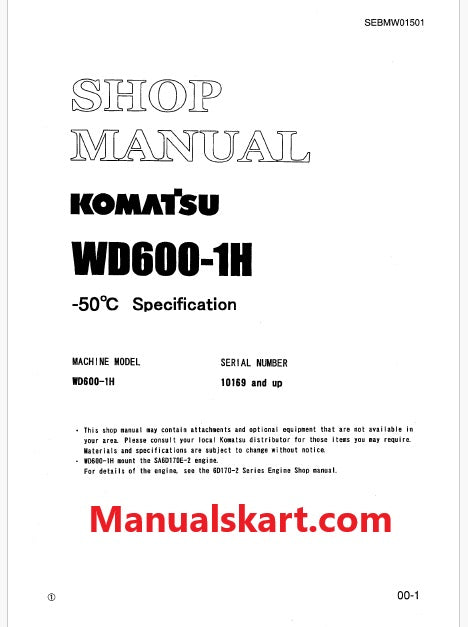 Komatsu WD600-1H Wheel Dozer Pdf Repair Service Manual Sn 10169 and UP