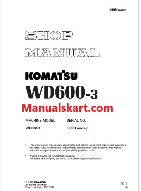 Komatsu WD600-3 Wheel Dozer Pdf Repair Service Manual Sn 50001 and UP